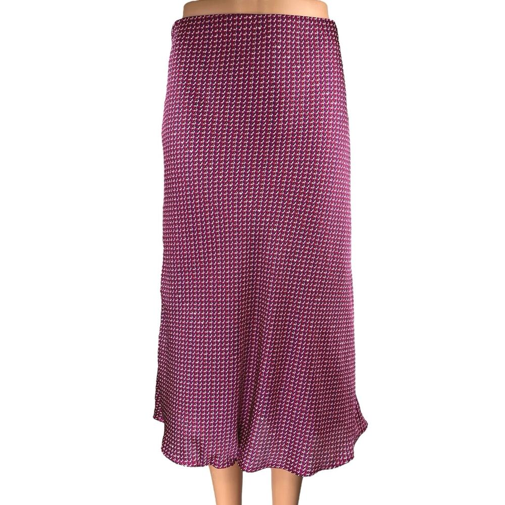Leith Bias Women's Pink Purple Silk Satin Geometric Print Midi A-Line Skirt S